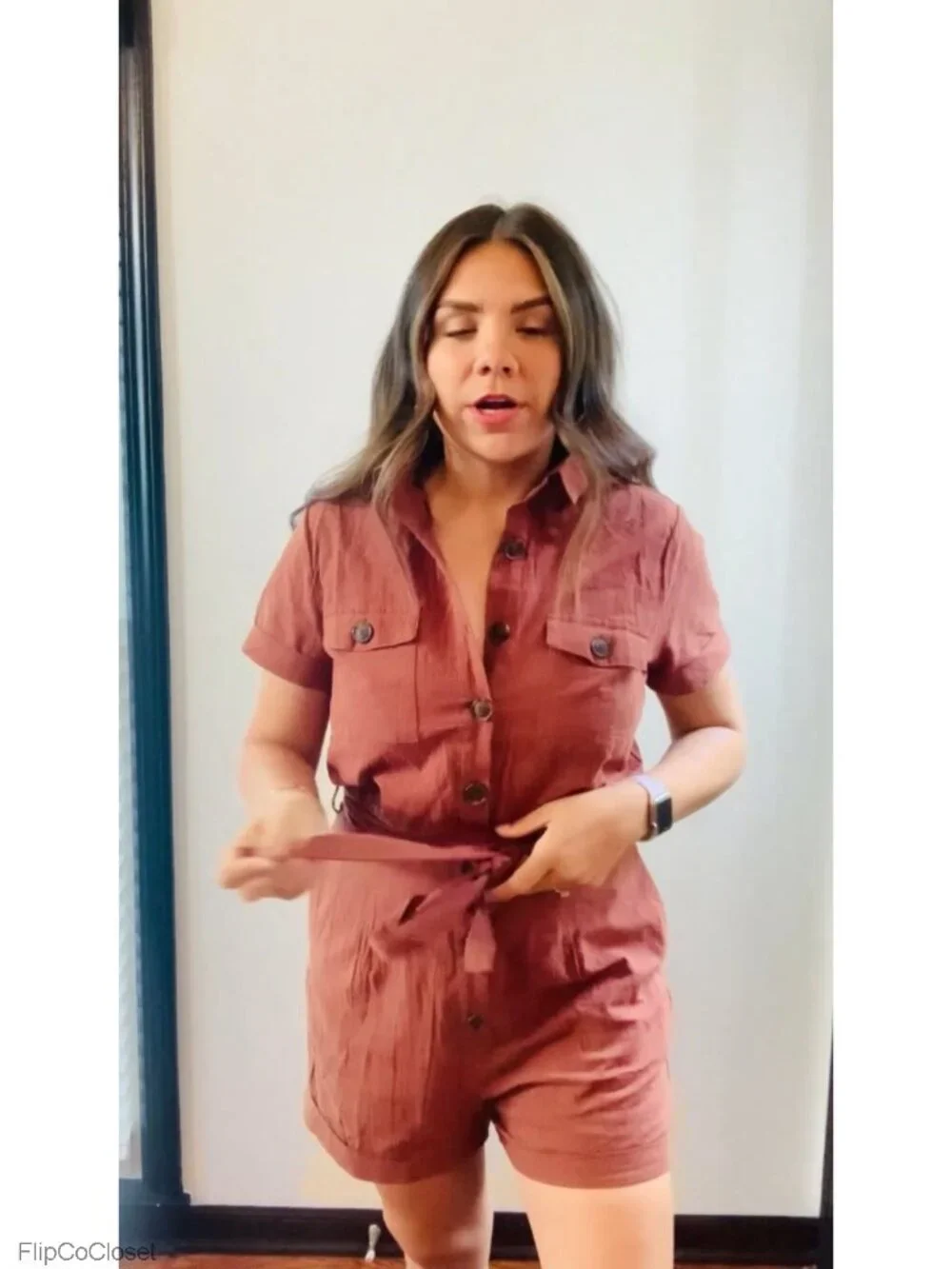 Women's Cotton Short Sleeve Button Down Romper with Belt